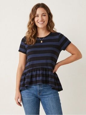 Stateside Striped Peplum Short Sleeve Tee Size Large Navy and Black